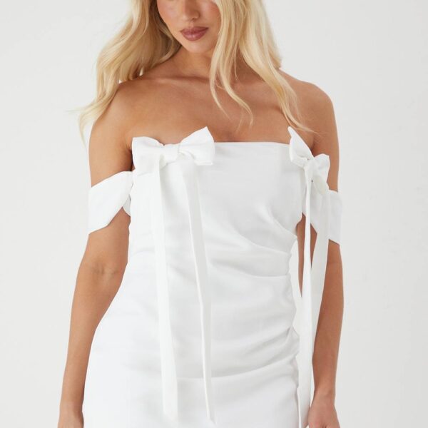 Womens Premium Satin Bardot Bow Detail Bodycon Mini Dress - ivory - 6, Ivory