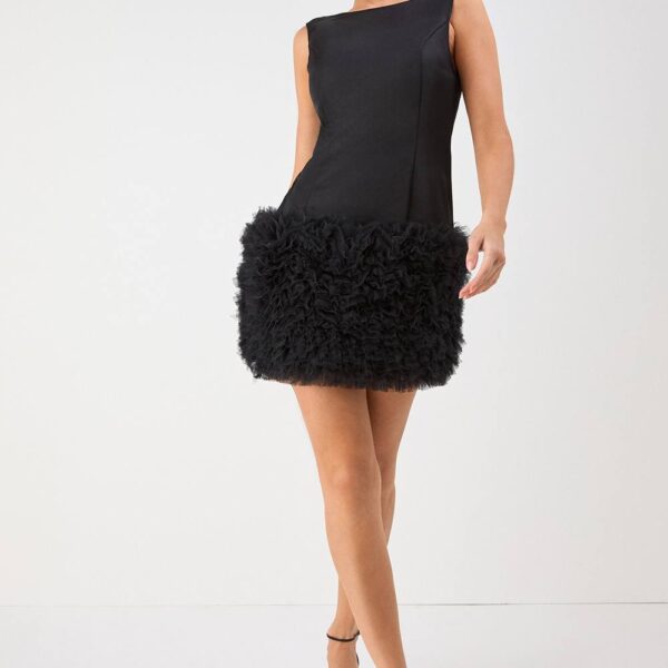 Womens Satin Tulle Hem Racer Neck Mini Dress - black - 8, Black
