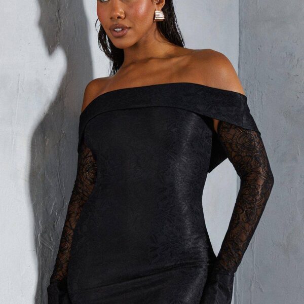 Womens Lace Bardot Cuff Detail Bodycon Mini Dress - black - 8, Black