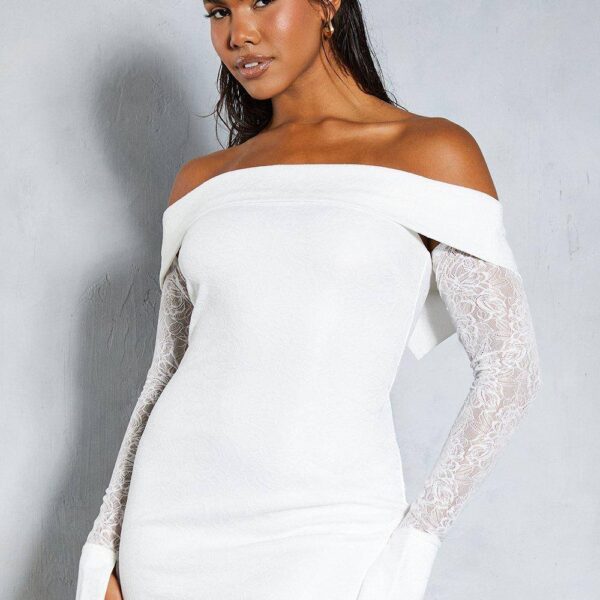 Womens Lace Bardot Cuff Detail Bodycon Mini Dress - white - 10, White