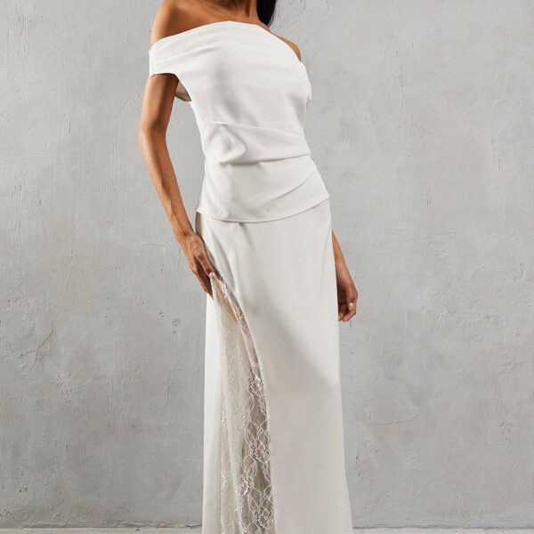 Womens Lace Insert Column High Waist Maxi Skirt - ivory - 8, Ivory