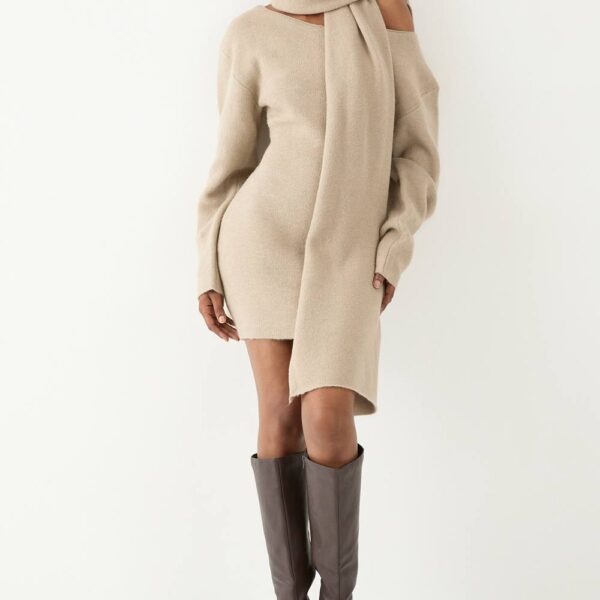 Womens Knitted Slash Neck Scarf Detail Mini Dress - oatmeal - S/M, Oatmeal