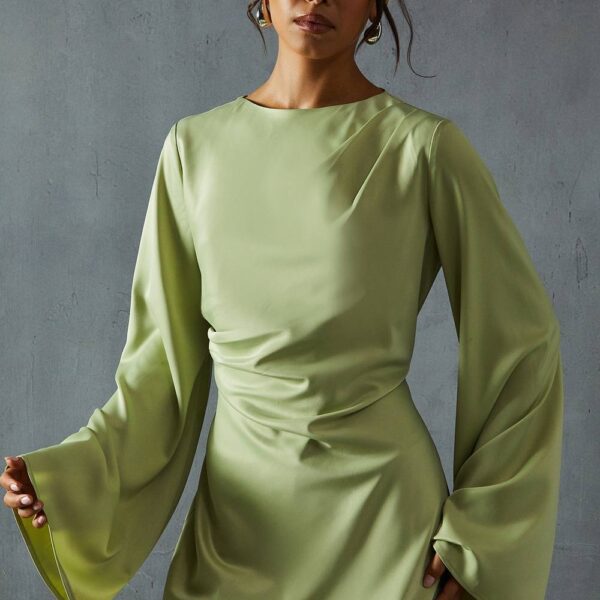 Womens Satin Slash Neck Cinched Waist Flare Sleeve Mini Dress - sage - 6, Sage