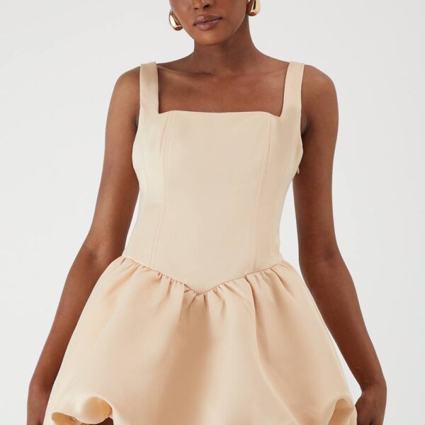 Womens Duchess Satin Square Neckline Dipped Waist Voluminous Mini Dress - champagne - 12, Champagne