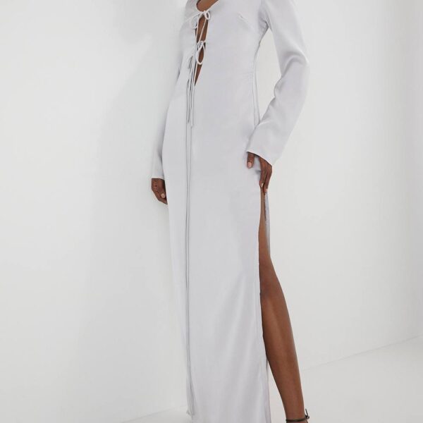 Womens Premium Satin Tie Front Long Sleeve Maxi Dress - silver - 14, Silver