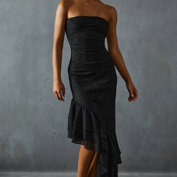 Womens Lace Bandeau Frill Hem Asymmetric Dress - black - 10, Black