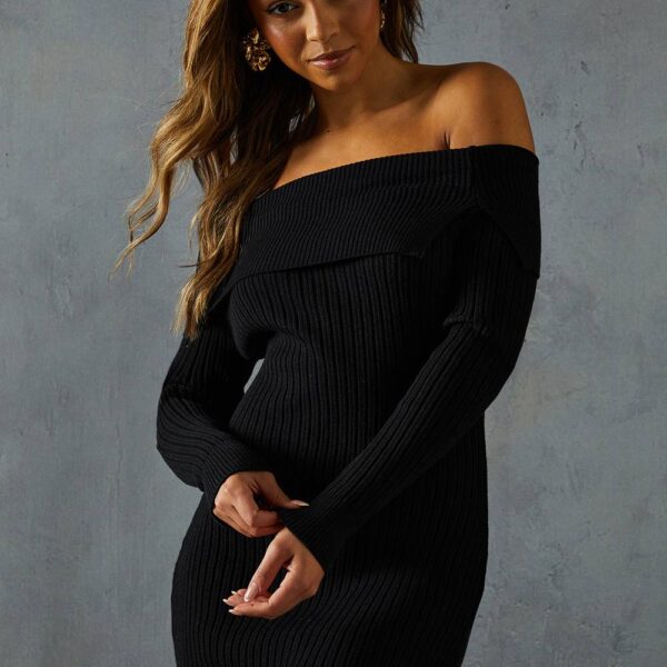 Womens Knitted Rib Bardot Bodycon Mini Dress - black - S/M, Black
