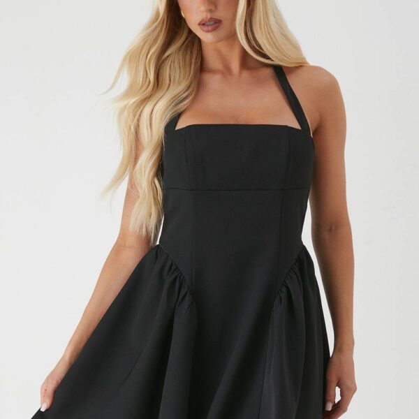 Womens Halterneck Voluminous Skirt Mini Dress - black - 6, Black