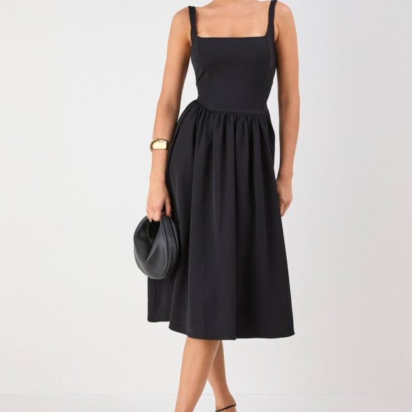 Womens Square Neck A Line Midi Dress - black - 10, Black