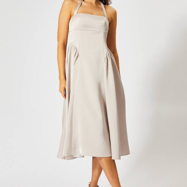 Womens Satin Halterneck Midi Bridesmaid Dress - champagne - 10, Champagne