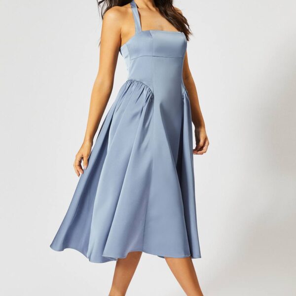 Womens Satin Halterneck Midi Bridesmaid Dress - slate blue - 8, Slate Blue