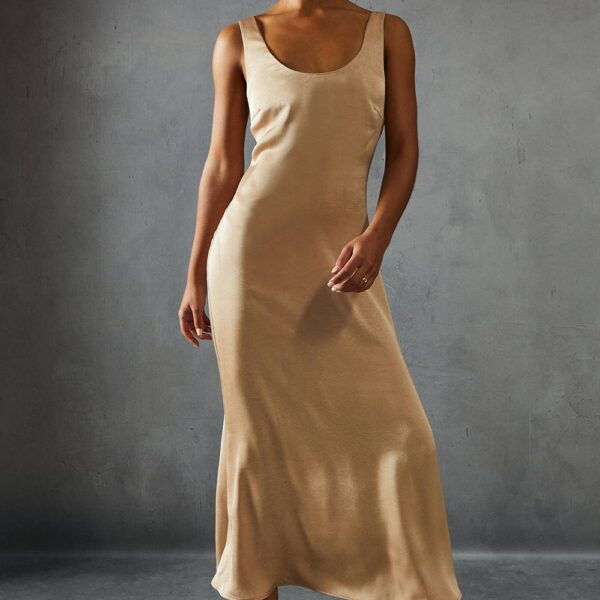 Womens Crinkle Satin Scoop Neck Midaxi Dress - champagne - 8, Champagne