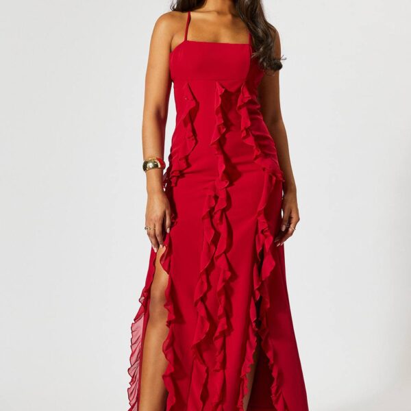 Womens Square Neck Frill Low Back Maxi Dress - red - 10, Red