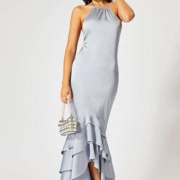 Womens Satin Frill Hem Hater Neck Maxi Dress - blue - 10, Blue
