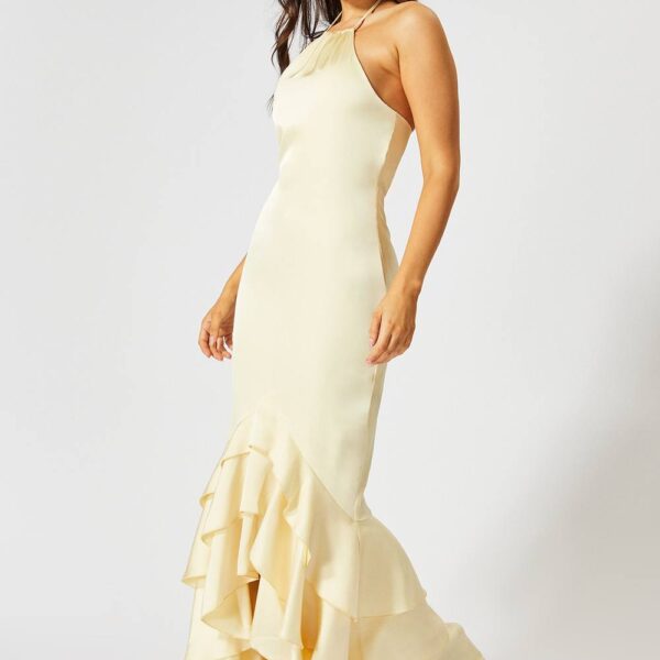 Womens Satin Frill Hem Hater Neck Maxi Dress - yellow - 8, Yellow