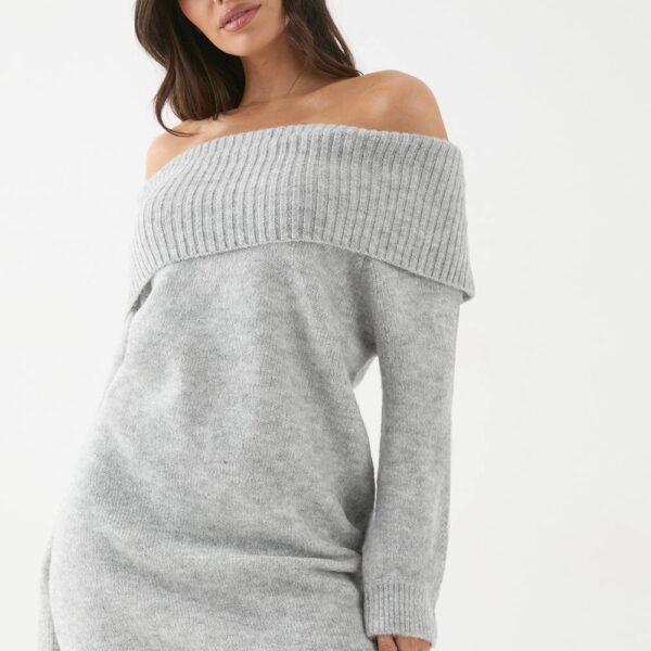Womens Premium Knit Bardot Foldover Jumper Dress - grey - M, Grey