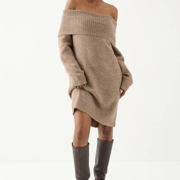 Womens Premium Knit Bardot Foldover Jumper Dress - mocha - M, Mocha