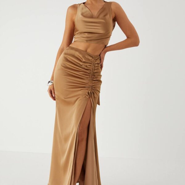 Womens Satin Cowl Neck Top & Maxi Skirt Co-ord - bronze - 10, Bronze