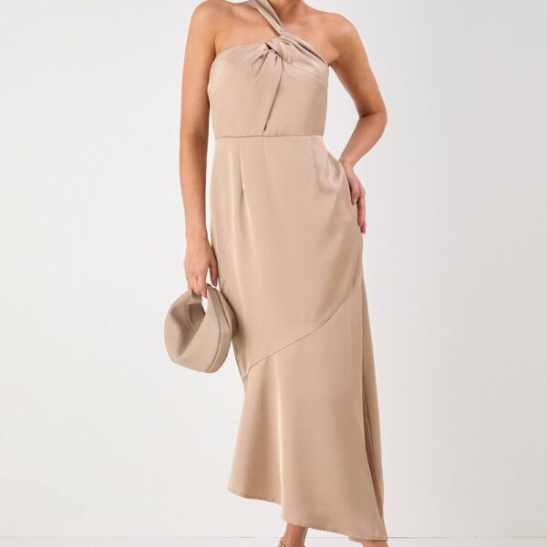 Womens Satin One Shoulder Asymmetric Maxi Dress - champagne - 12, Champagne