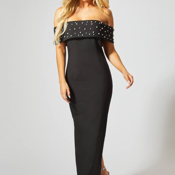 Womens Bardot Pearl Embellished Maxi Dress - black - 6, Black