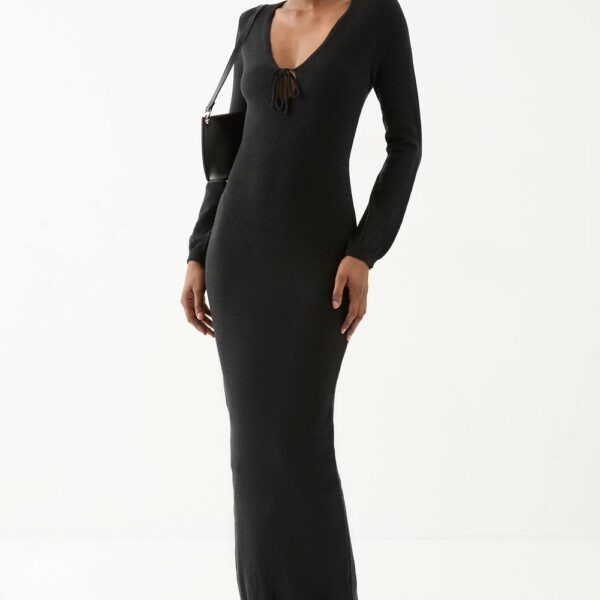 Womens Fine Gauge Tie Front Knitted Midaxi Dress - black - S/M, Black