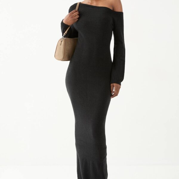 Womens Knitted Asymmetric Neckline Midaxi Dress - black - L/XL, Black