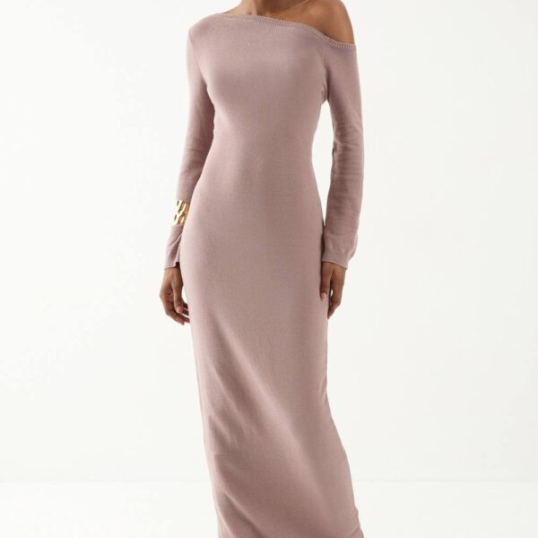 Womens Knitted Asymmetric Neckline Midaxi Dress - taupe - L/XL, Taupe