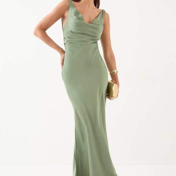 Womens Premium Satin Cowl Neck Fishtail Maxi Dress - sage - 10, Sage