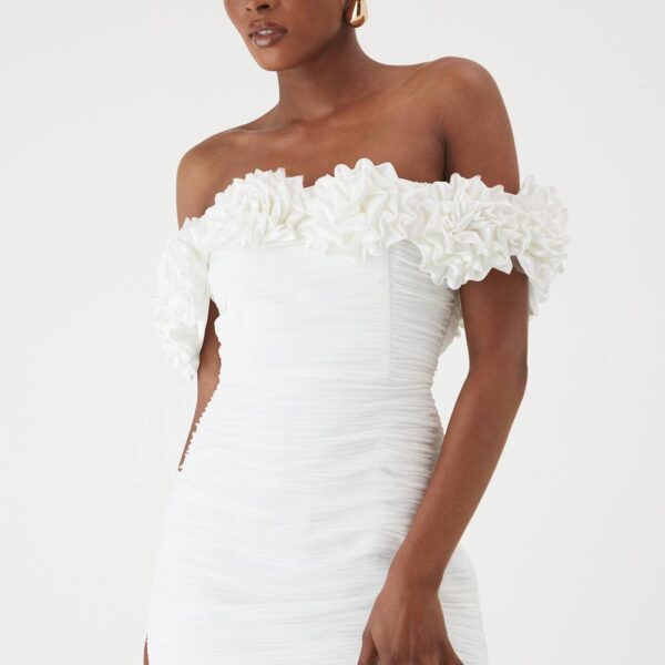 Womens Premium Ruffle Floral Bardot Mini Dress - white - 6, White