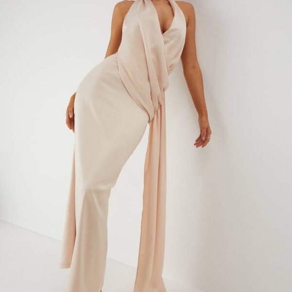 Womens Satin Halterneck Draped Side Maxi Dress - champagne - 8, Champagne