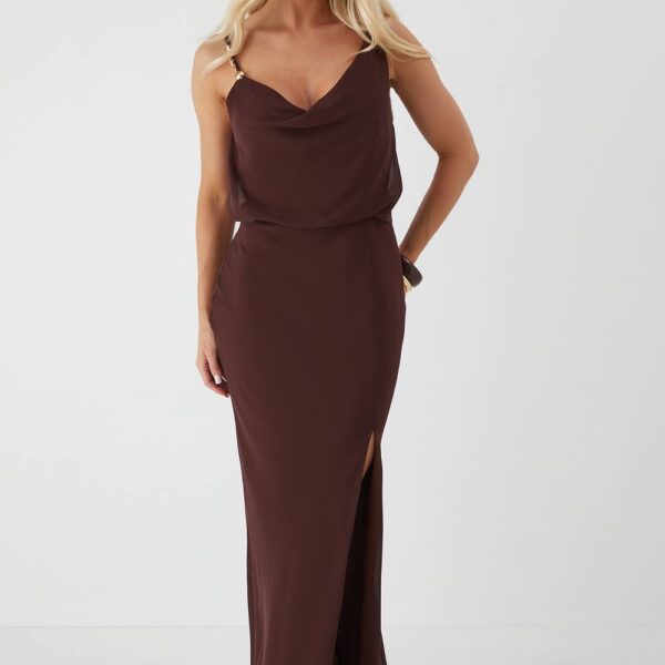 Womens Shell Trim Asymmetric Cowl Maxi Dress - chocolate - 8, Chocolate