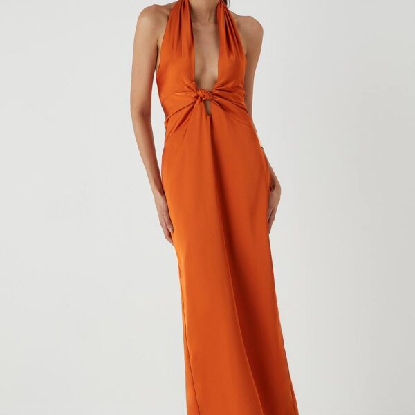 Womens Knot Detail Satin Maxi Dress - orange - 16, Orange