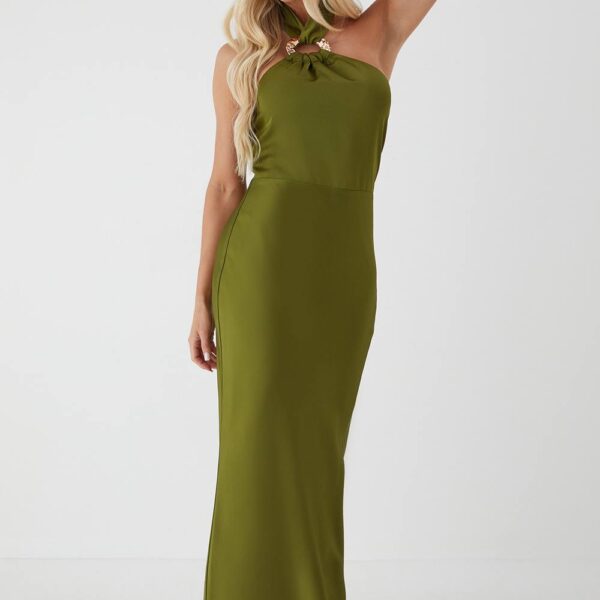 Womens Gold Hammered Satin Maxi Dress - green - 8, Green