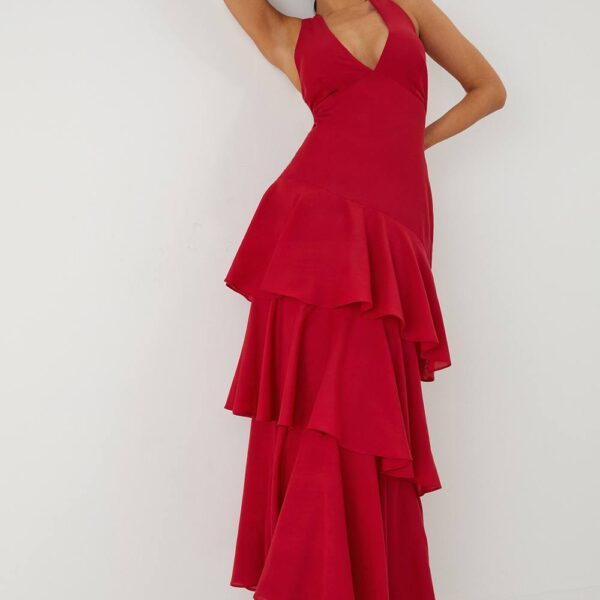 Womens Tie Back Frill Layered Maxi Dress - 14, Red