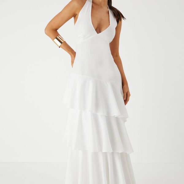 Womens Tie Back Frill Layered Maxi Dress - white - 12, White