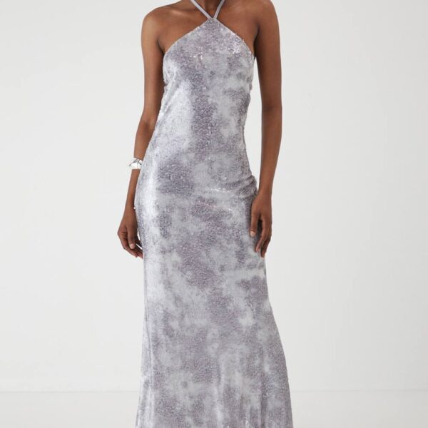 Womens Sequin Printed Halterneck Maxi Dress - stone - 10, Stone