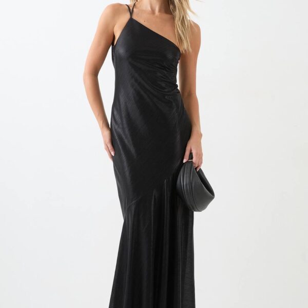Womens Asymmetric Neck Metallic Maxi Dress - black - 10, Black