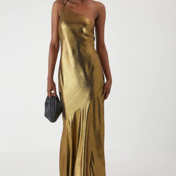 Womens Asymmetric Neck Metallic Maxi Dress - bronze - 14, Bronze