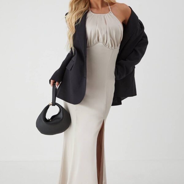 Womens Halter Neck Split Hem Maxi Dress - champagne - 14, Champagne