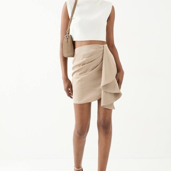 Womens Satin Drape Side Mini Skirt - stone - 16, Stone