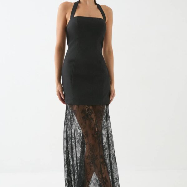 Womens Halterneck Lace Skirt Maxi Dress - black - 8, Black
