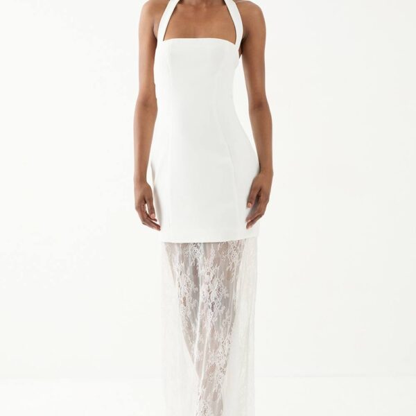 Womens Halterneck Lace Skirt Maxi Dress - ivory - 12, Ivory