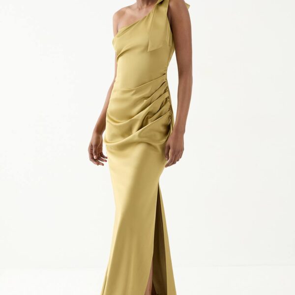 Womens Asymmetric Shoulder Bow Detail Bridesmaid Dress - olive - 8, Olive