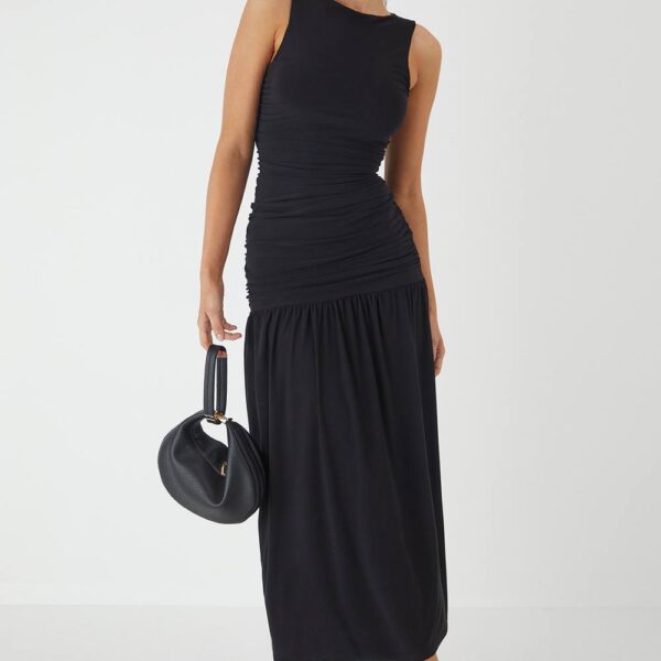 Womens Ruched Slash Neck Maxi Dress - black - 12, Black