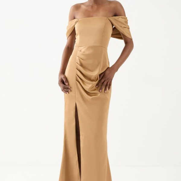 Womens Bardot Ruched Satin Bridesmaid Dress - bronze - 14, Bronze