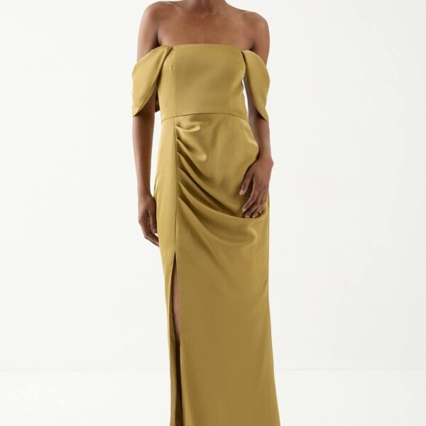 Womens Bardot Ruched Satin Bridesmaid Dress - olive - 6, Olive