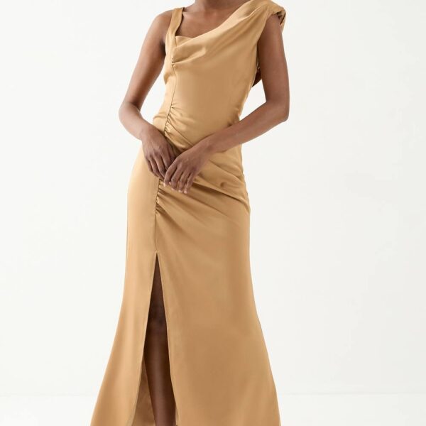 Womens Satin Ruched Drape Bridesmaid Dress - bronze - 10, Bronze