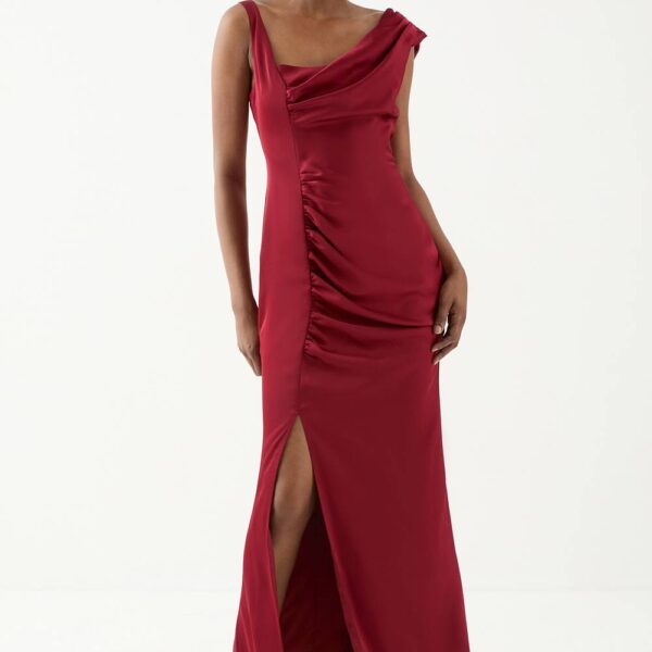Womens Satin Ruched Drape Bridesmaid Dress - red - 6, Red