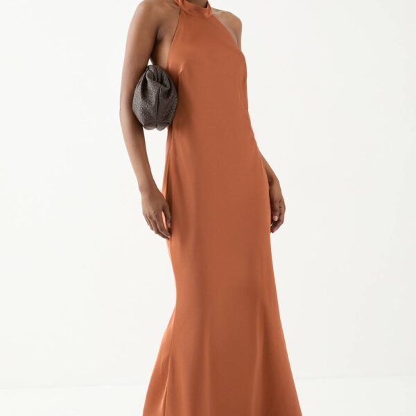 Womens High Neck Satin Cowl Back Bridesmaid Dress - rust - 14, Rust