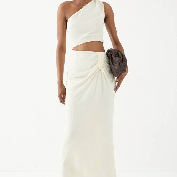 Womens Asymmetric Shoulder Cut Out Ruched Maxi Dress - butter - 6, Butter